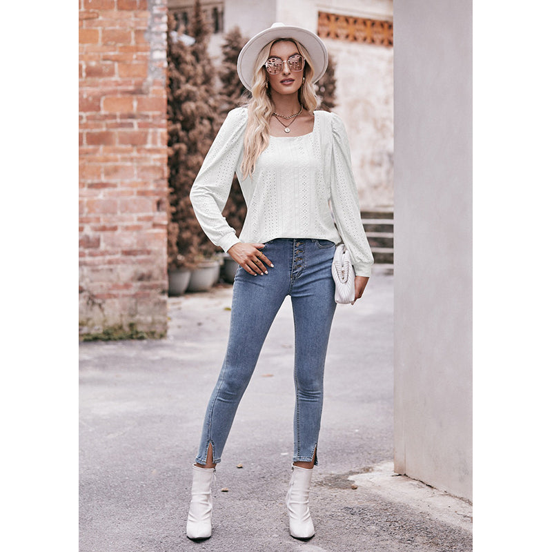 White Square Neck Puff Sleeve Schiffli Top