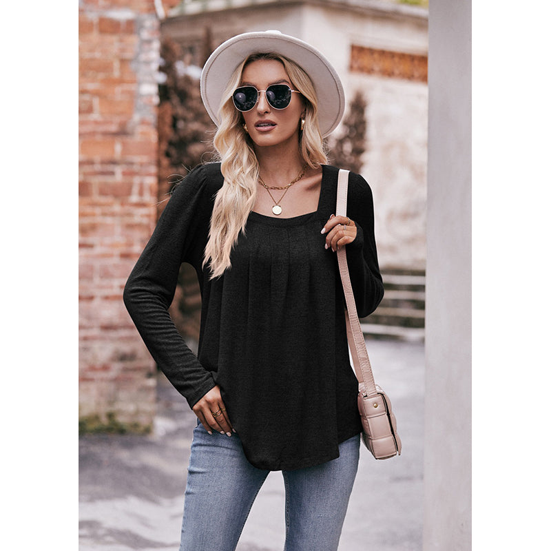 Black Square Neck Long Sleeves A-line Top
