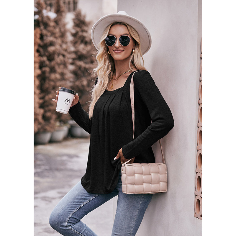 Black Square Neck Long Sleeves A-line Top