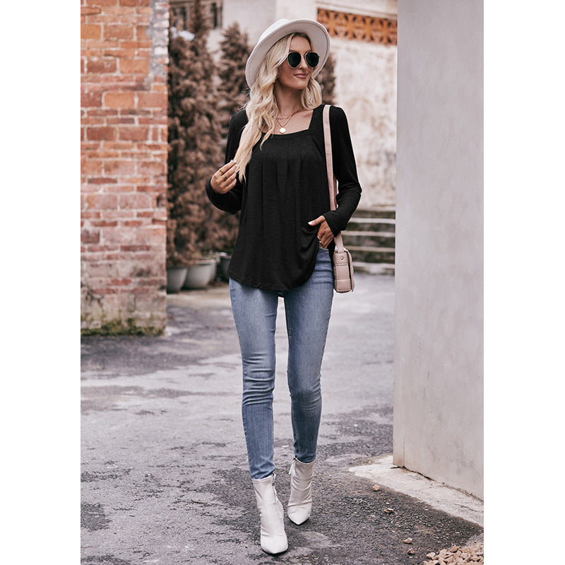 Black Square Neck Long Sleeves A-line Top