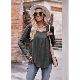 Grey Square Neck Long Sleeves Pleated Top