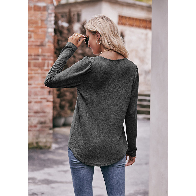 Grey Square Neck Long Sleeves Pleated Top