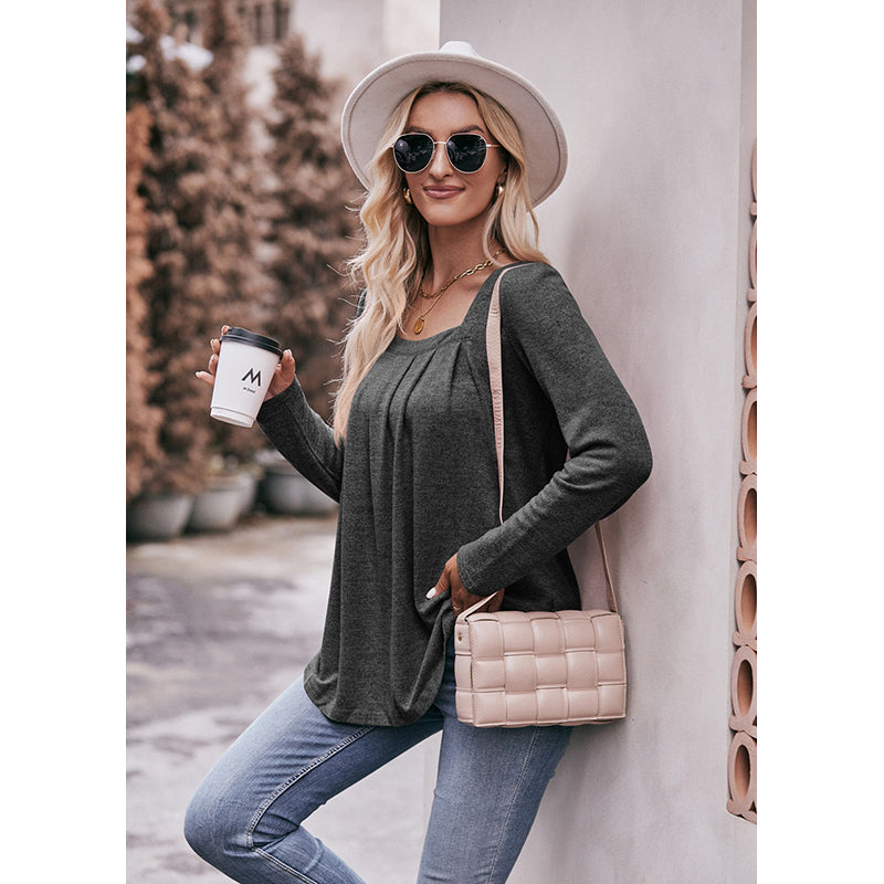 Grey Square Neck Long Sleeves Pleated Top