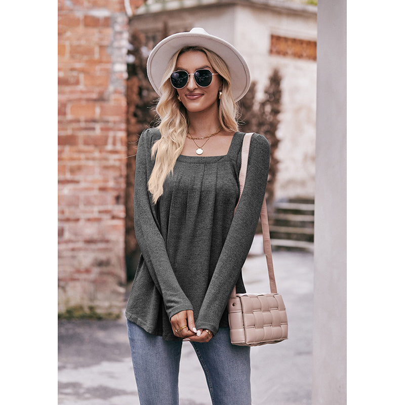 Grey Square Neck Long Sleeves Pleated Top
