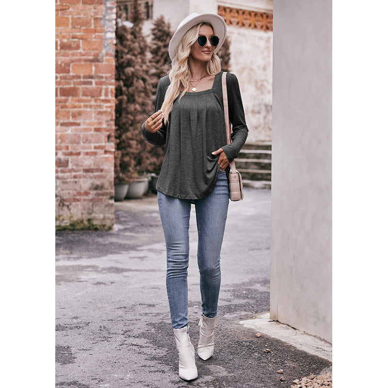 Grey Square Neck Long Sleeves Pleated Top