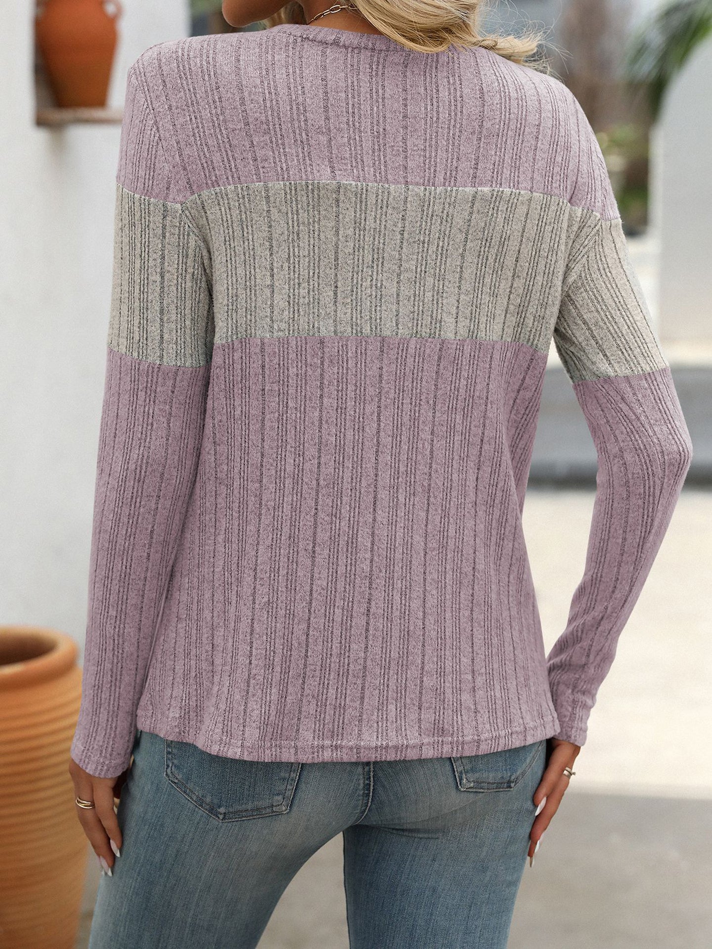 Lavender & Grey Colourblocked Round Neck Top