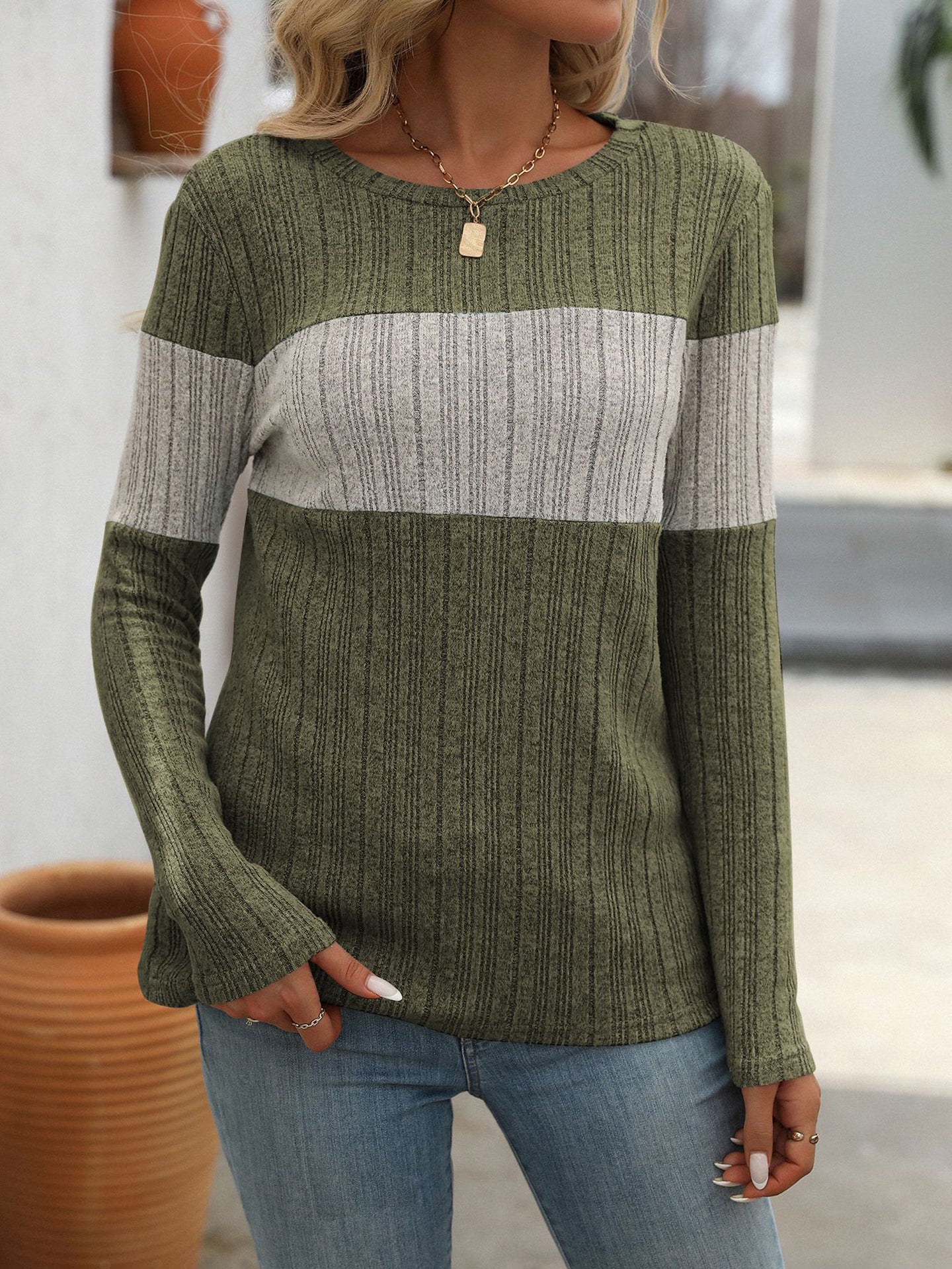 Women Olive & Grey Round Neck Top