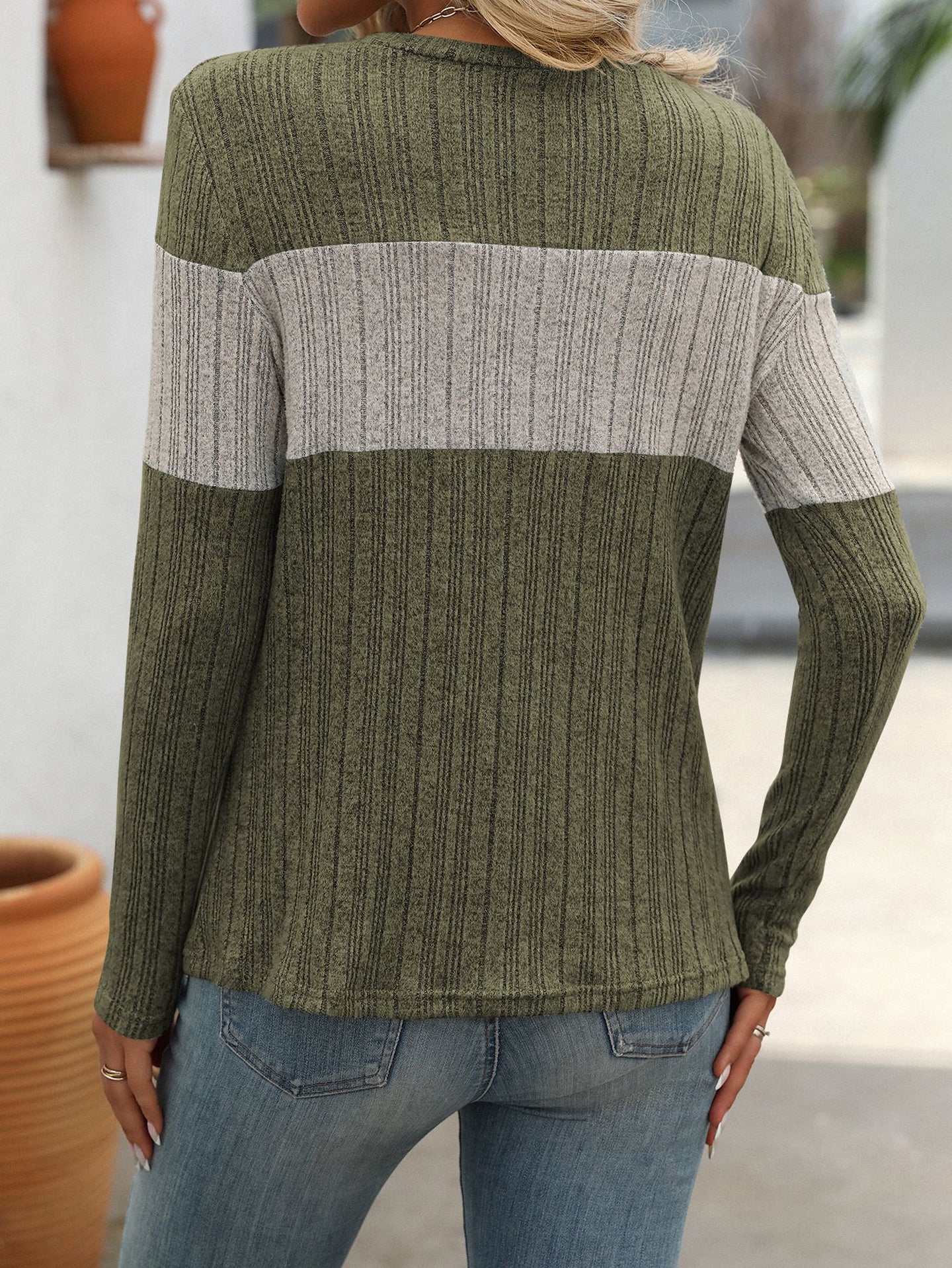 Women Olive & Grey Round Neck Top