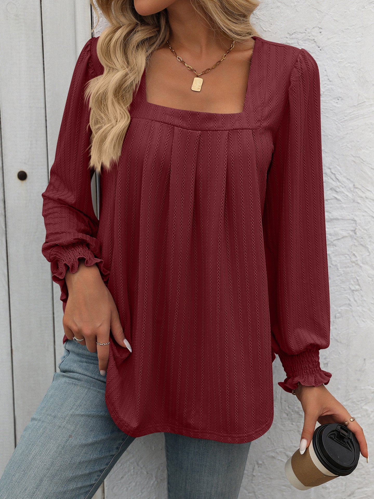 Women Self Design Square Neck Top