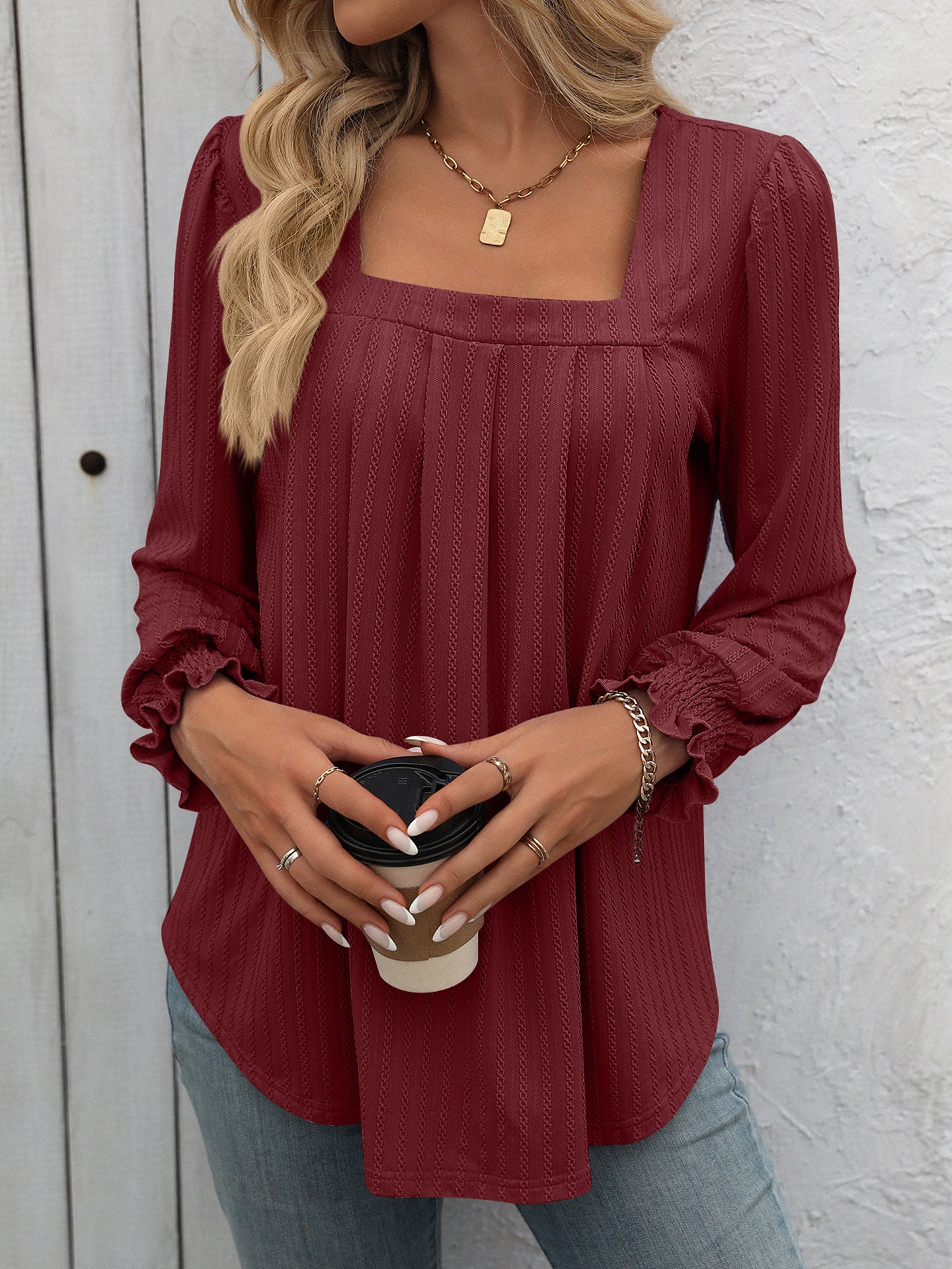 Women Self Design Square Neck Top