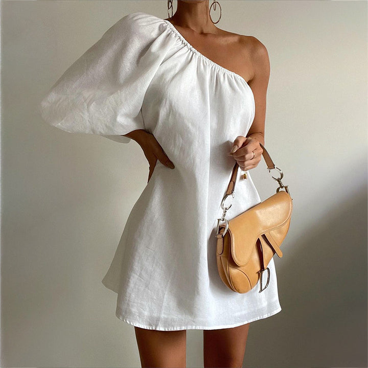 One Shoulder Linen A-Line Dress