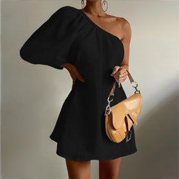 Black One Shoulder Linen A-Line Dress