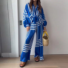 StyleCast Blue Striped Polo Collar Shirt with Palazzos