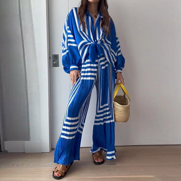 StyleCast Blue Striped Polo Collar Shirt with Palazzos