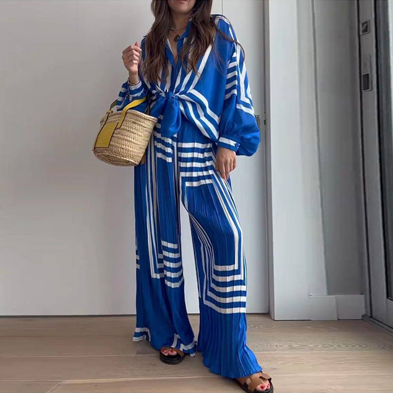 StyleCast Blue Striped Polo Collar Shirt with Palazzos