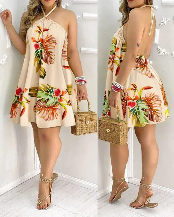 Floral Printed Halter Neck A-Line Dress