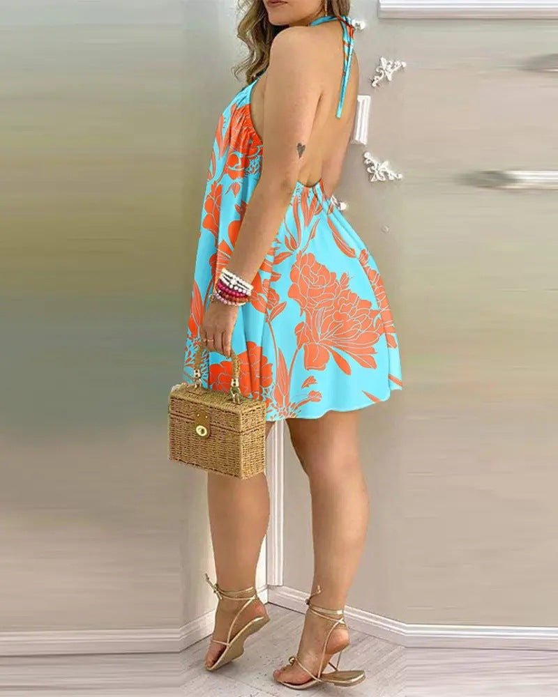 Halter Neck Floral Printed A-Line Dress