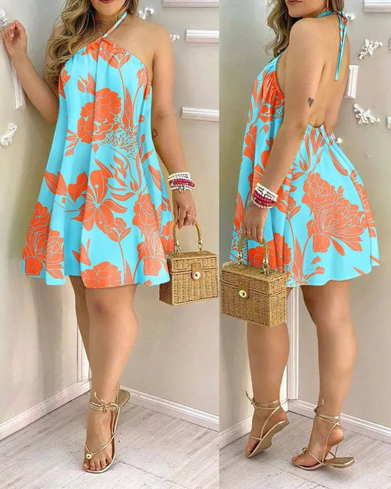 Halter Neck Floral Printed A-Line Dress