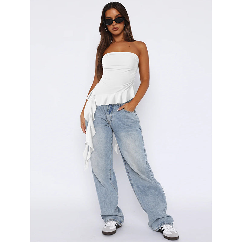 Off-Shoulder Ruffles Cotton Tube Top