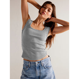 Grey Square Neck Sleeveless Cotton Tank Top