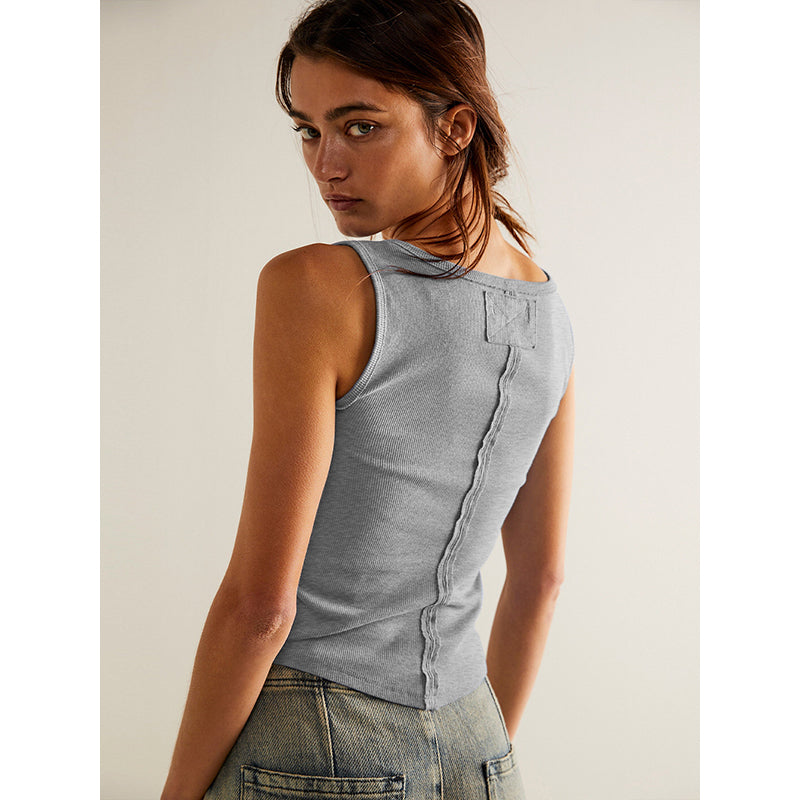 Grey Square Neck Sleeveless Cotton Tank Top