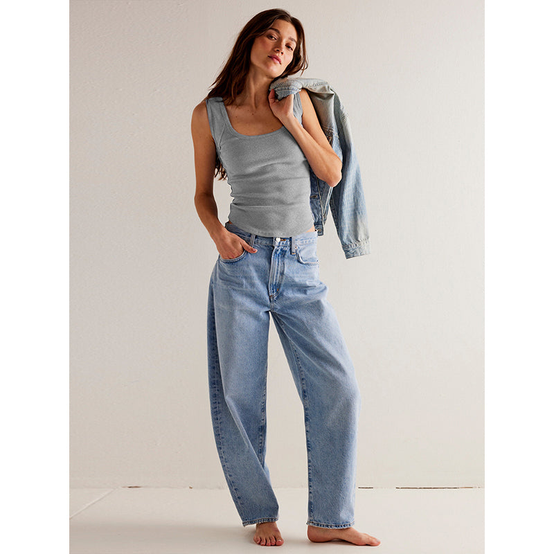 Grey Square Neck Sleeveless Cotton Tank Top