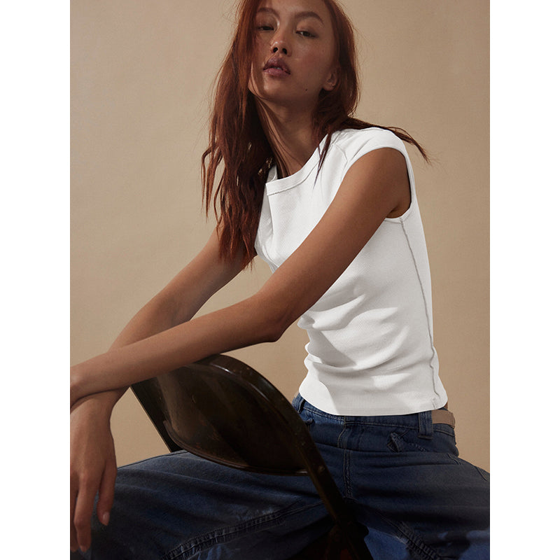 Women Round Neck Short Sleeves Solid Top