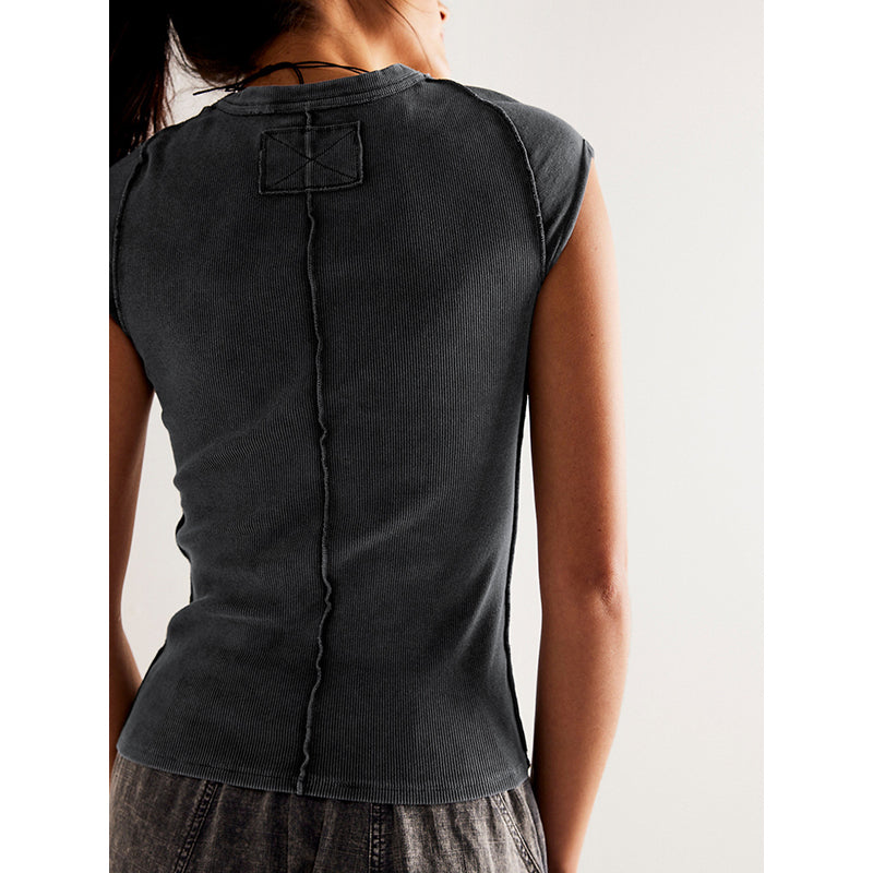 Women Cap Sleeves Round Neck Top