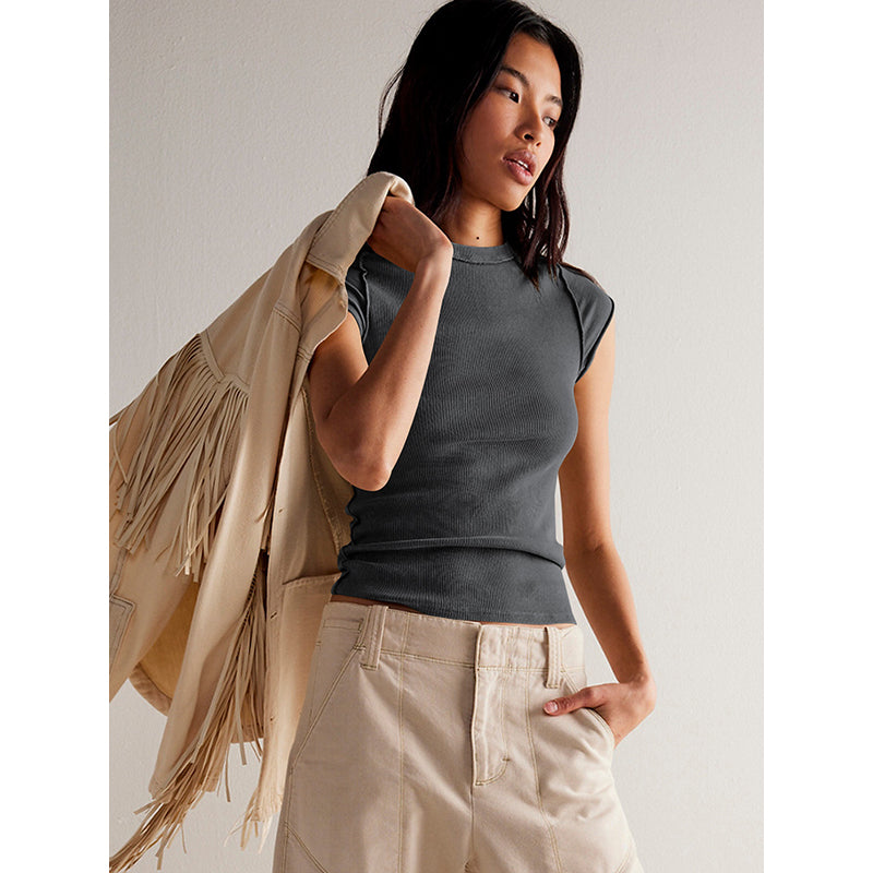 Women Cap Sleeves Round Neck Top