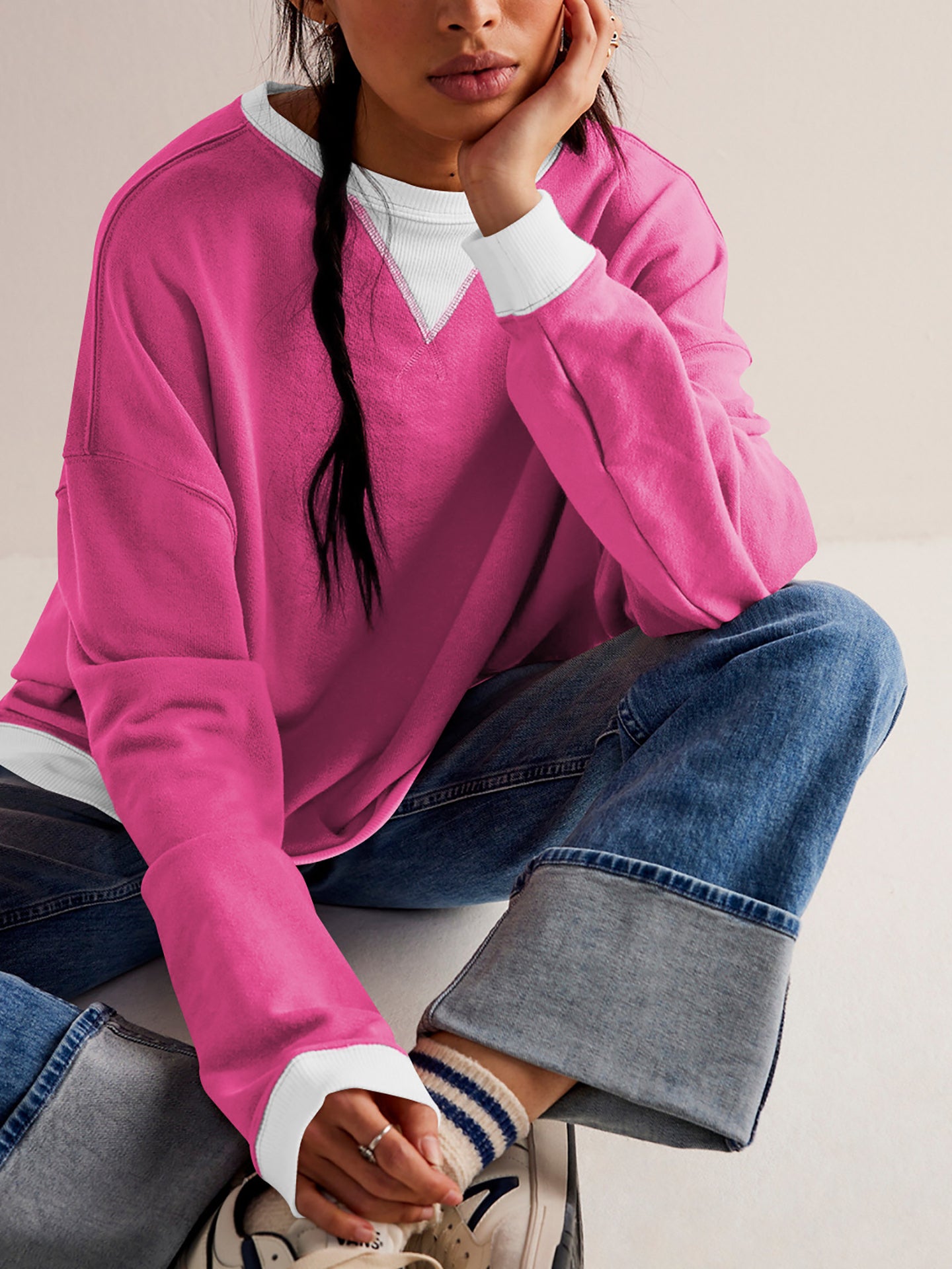 Women Round Neck Solid Sweatshirt