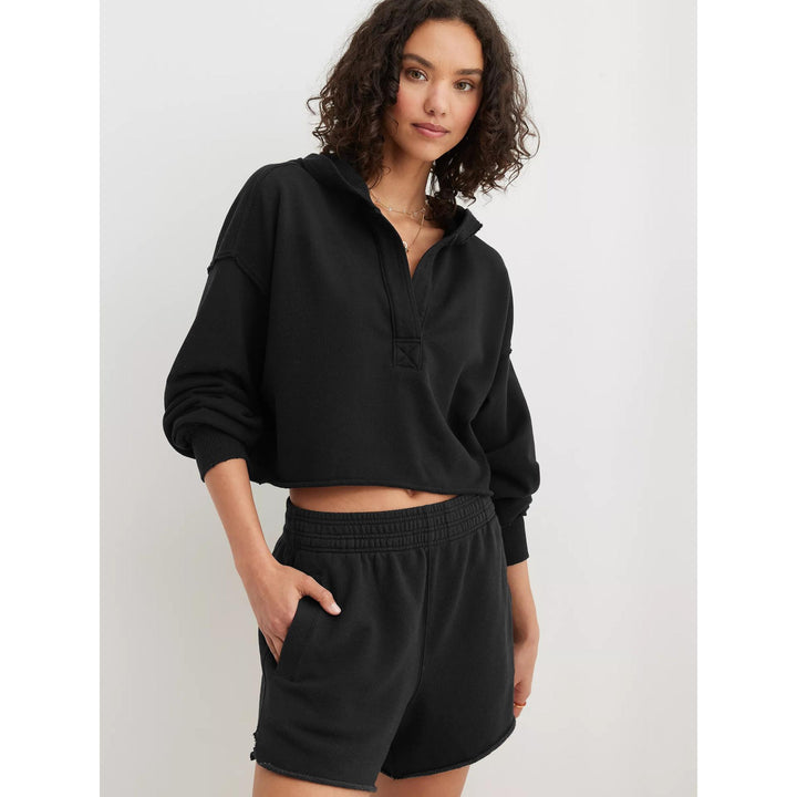 Women Solid Hooded Crop Sweatshirt