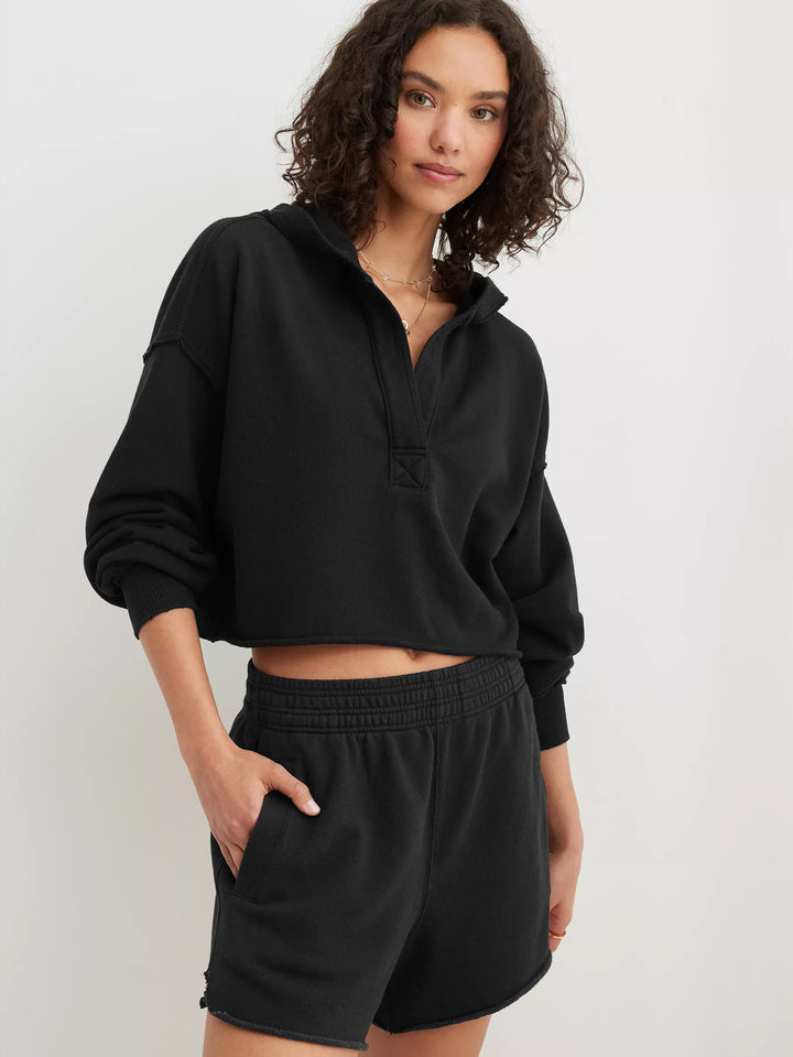 Women Solid Hooded Crop Sweatshirt