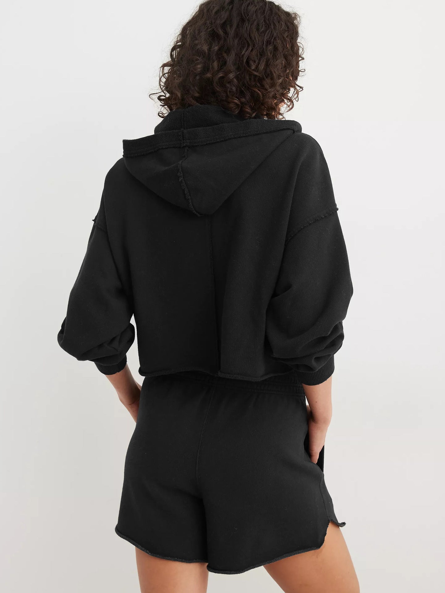 Women Solid Hooded Crop Sweatshirt