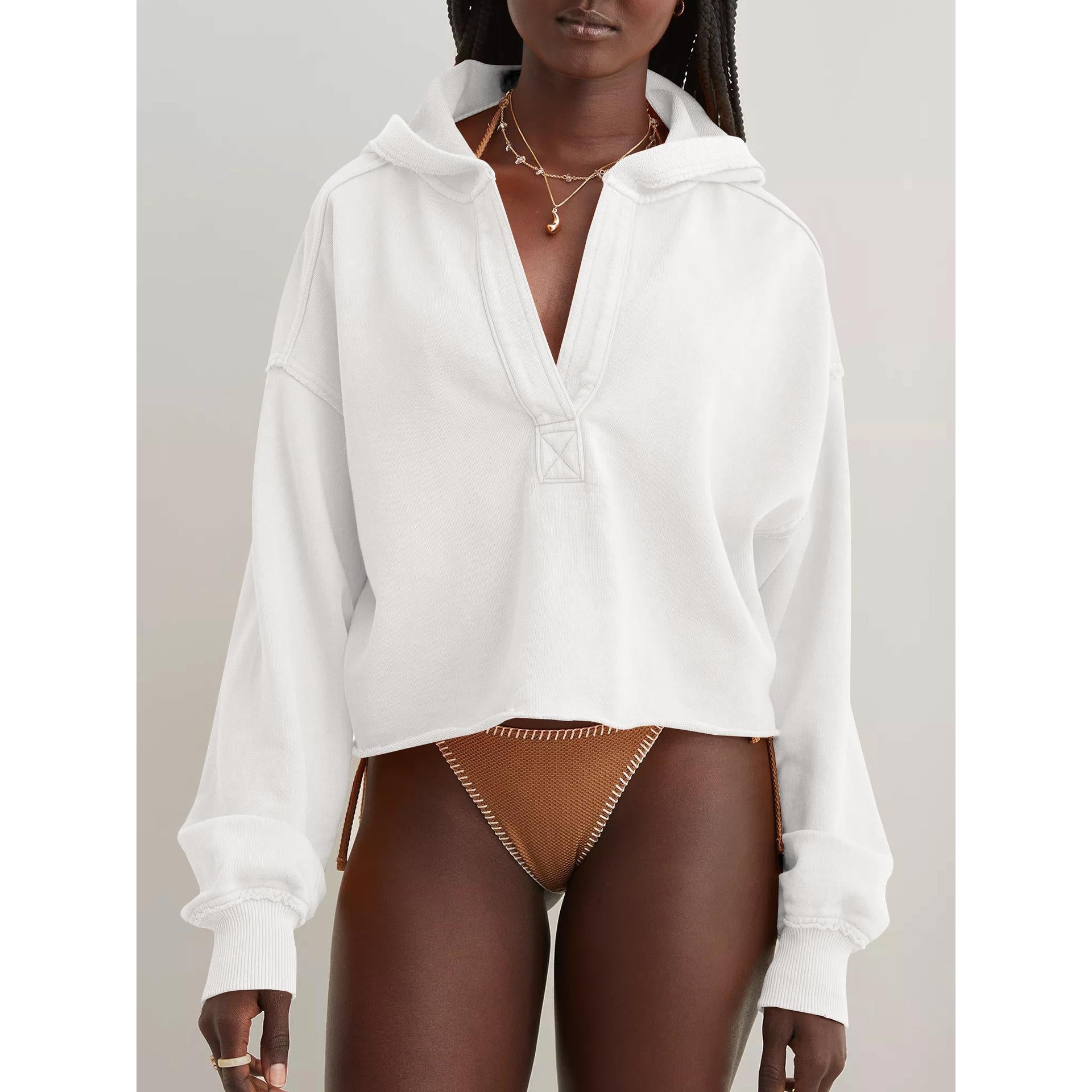 Women Solid Crop Hooded Sweatshirt