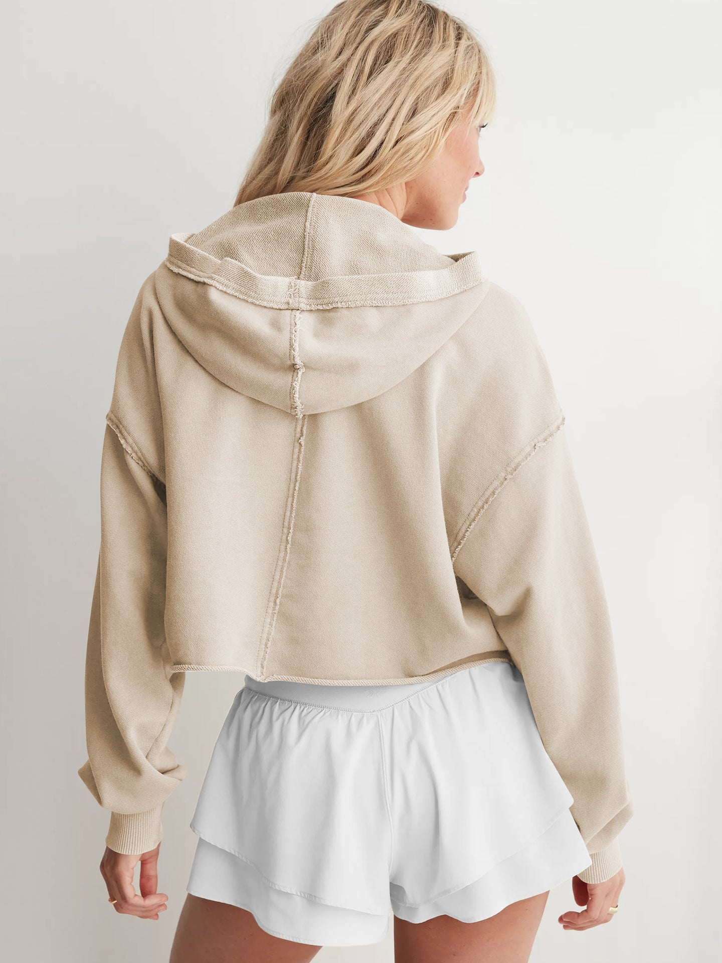 Women Solid Hooded Crop Sweatshirt