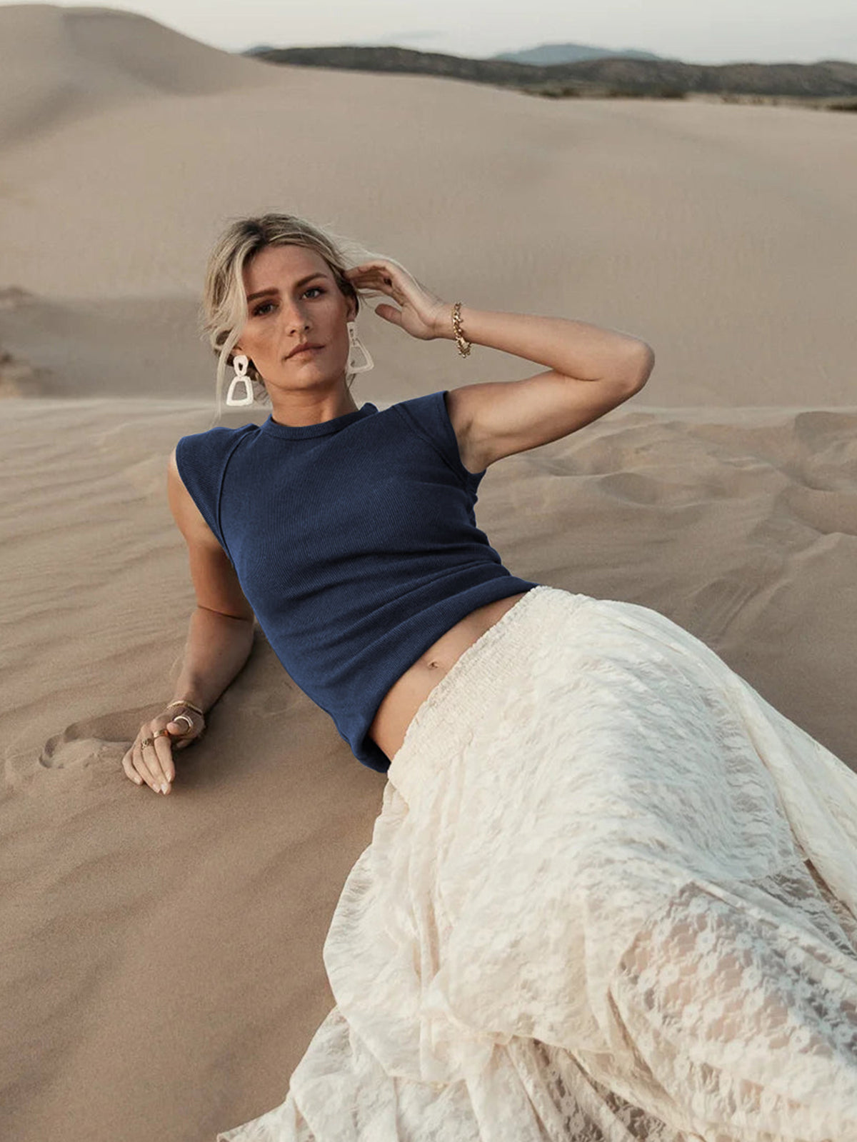 Women Navy Ribbed Sleeveless Top