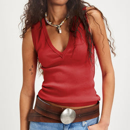 Women Red Ribbed V-Neck Tank Top