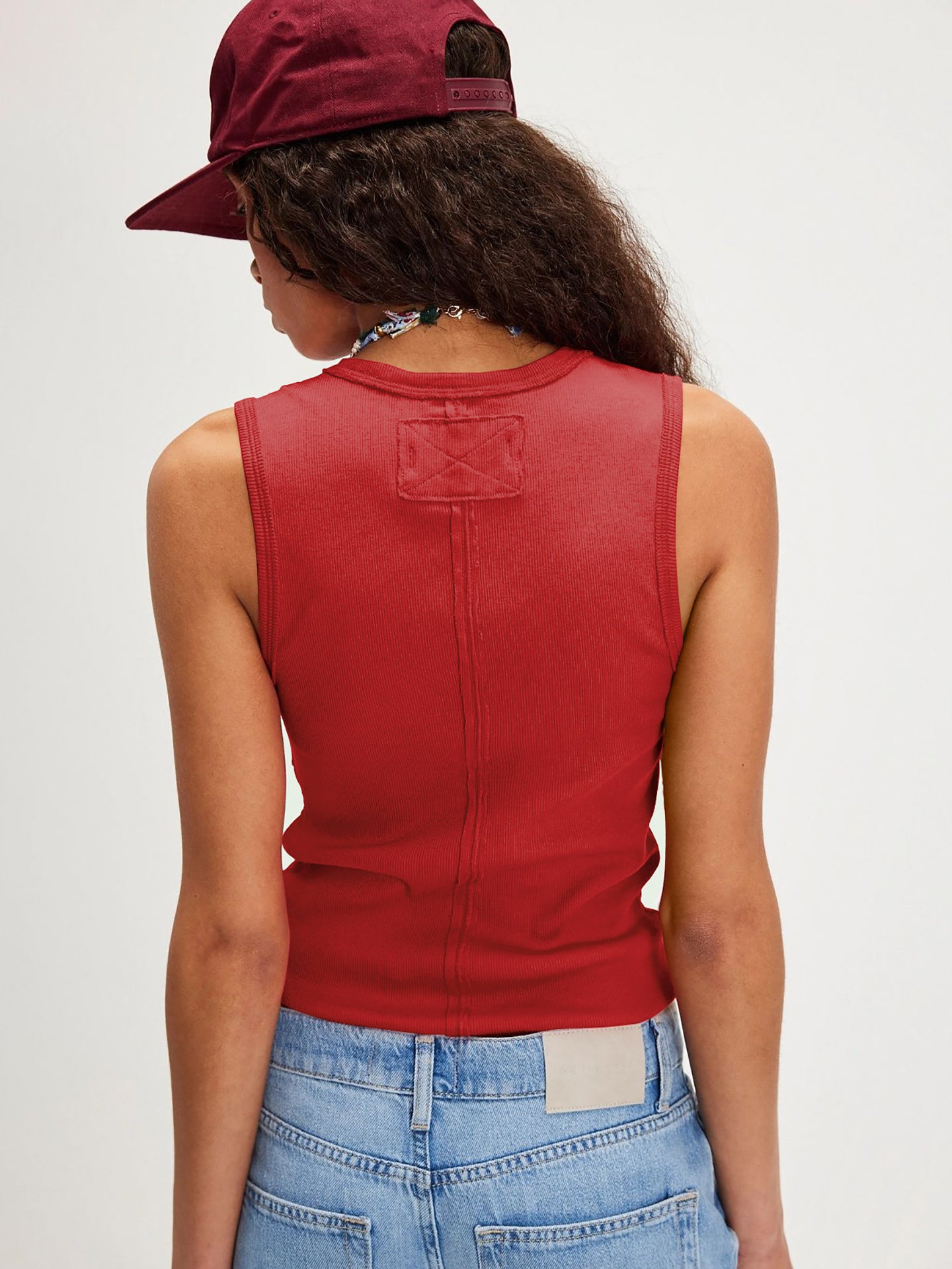 Women Red Ribbed V-Neck Tank Top