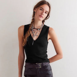 Women Ribbed V-Neck Sleeveless Top