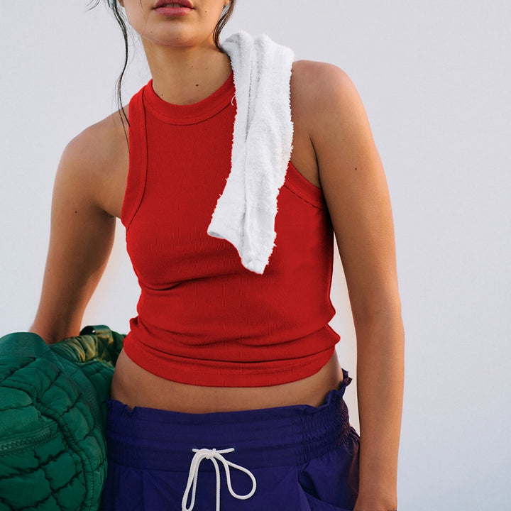 Women Ribbed Round Neck Tank Crop Top