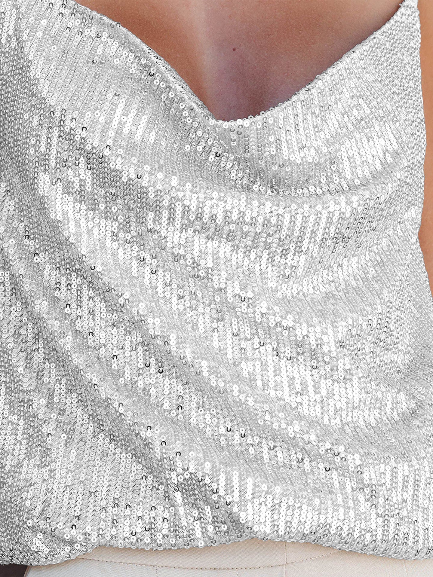 Women Silver Cowl Neck Sequinned Party Top