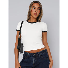 White Round Neck Regular Crop Top