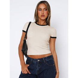Beige Round Neck Regular Crop Top