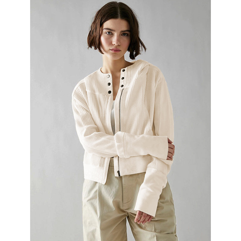 Beige Collarless Bomber Jacket