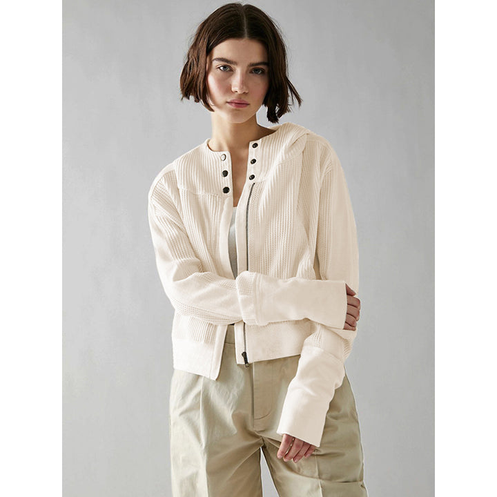 Beige Collarless Bomber Jacket
