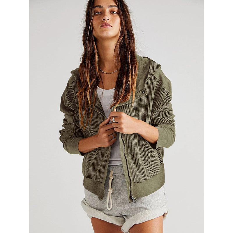Green Solid Hooded Bomber Jacket