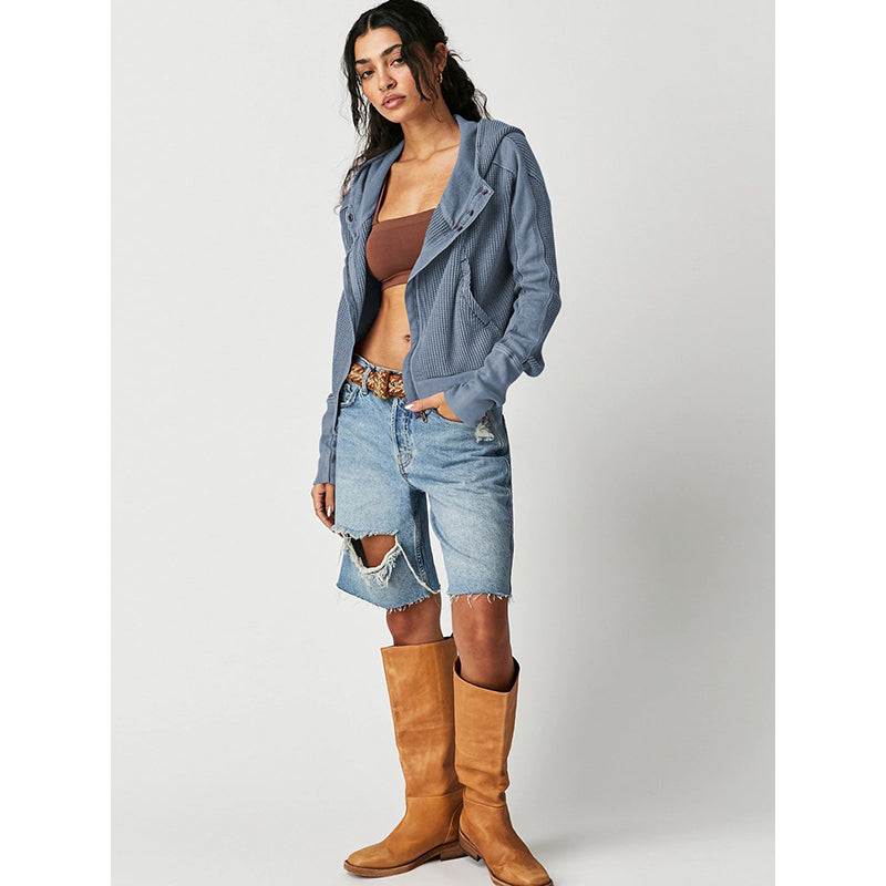 Blue Textured Hooded Tailored Jacket