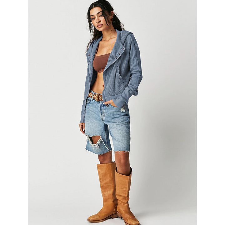 Blue Textured Hooded Tailored Jacket