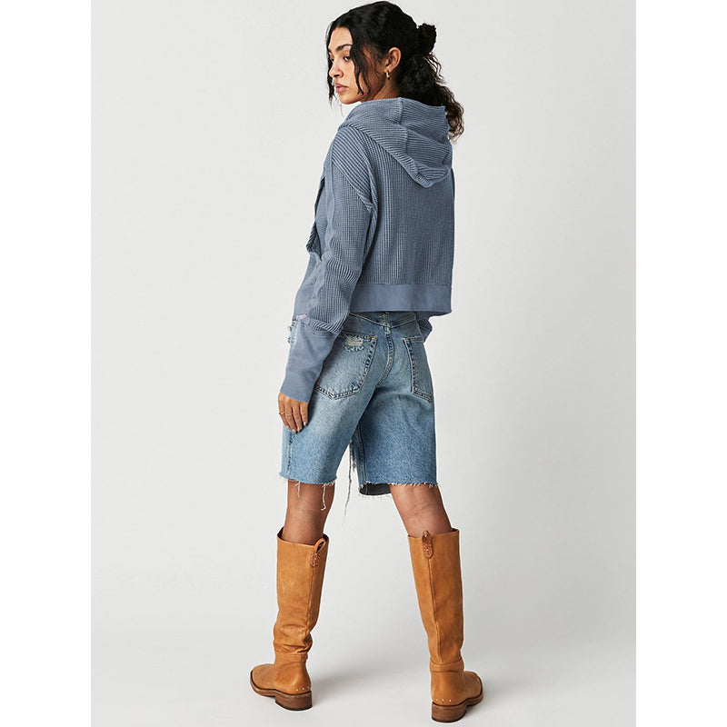 Blue Textured Hooded Tailored Jacket