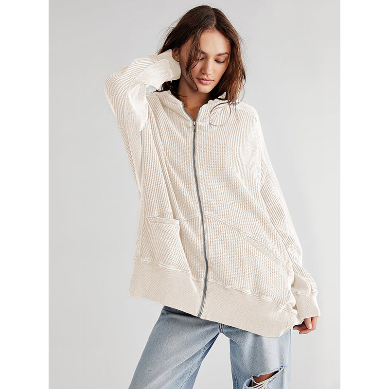 Beige-Coloured Ribbed Mock Collar Hooded Front-Open Overcoat